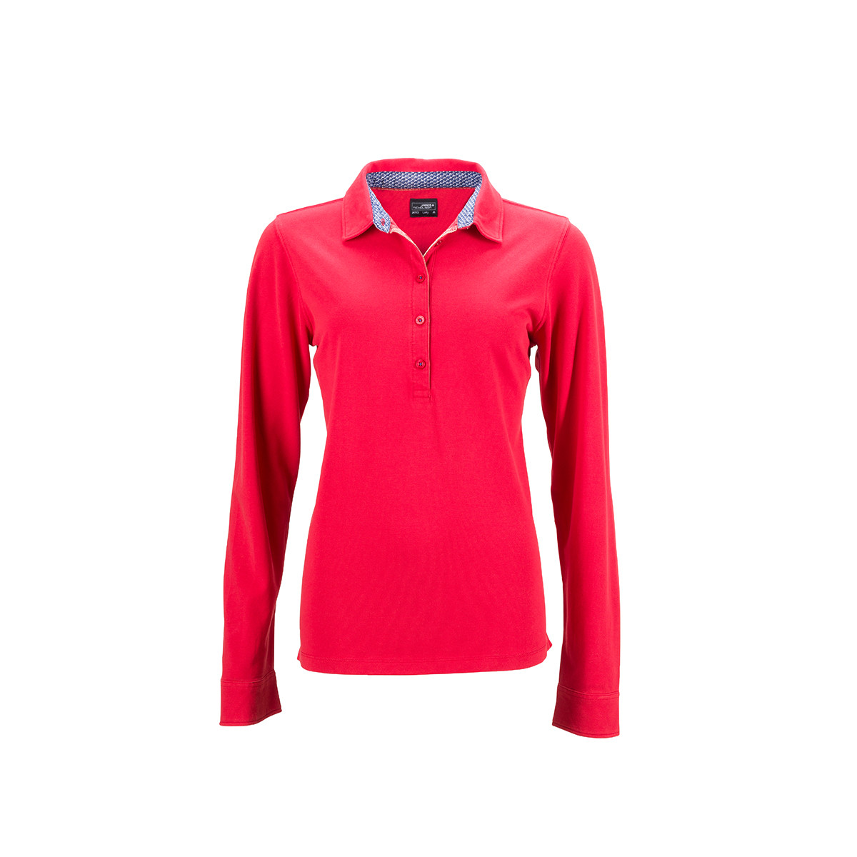 Polo donna rossa manica lunga inserti a contrasto nel colletto e 5 bottoni
