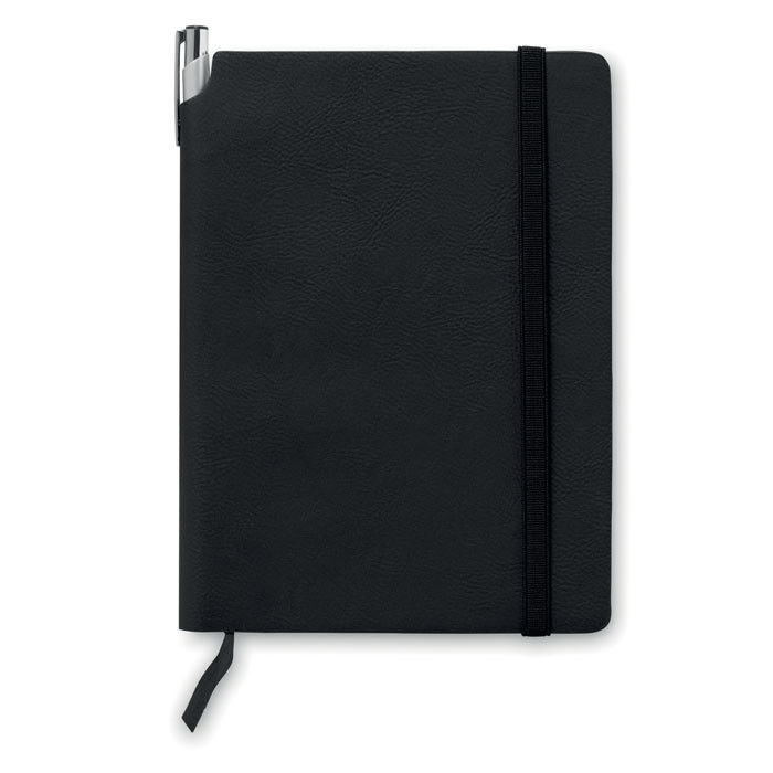 Bloc notes con copertina in similpelle nero con elastico di chiusura e ottanta fogli a righe