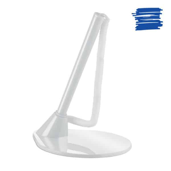 Penna bianca collegata a base di plastica, su sfondo bianco