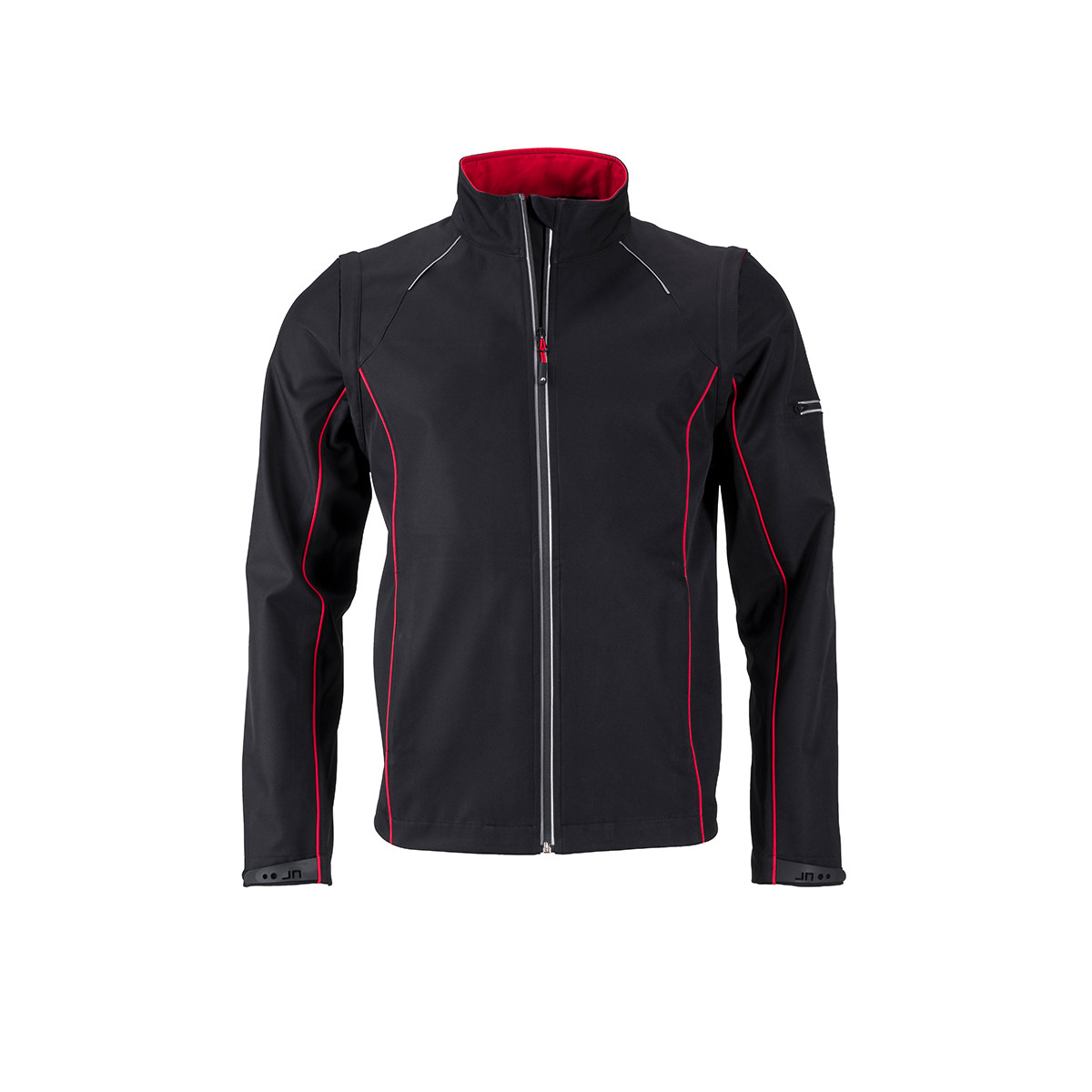 Giacca nera interno rosso traspirante con dettagli riflettenti su spalle e maniche 100% poliestere