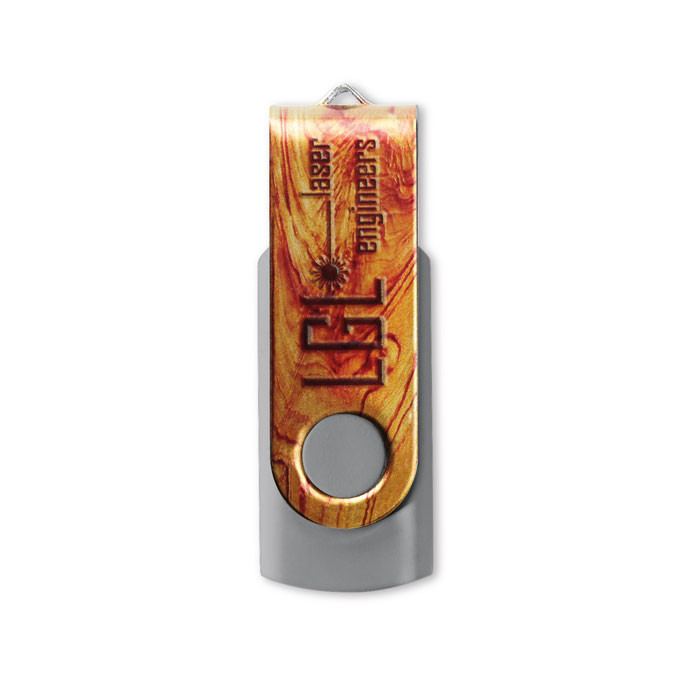 Chiavetta usb grigia con chiusura protettiva in metallo con logo