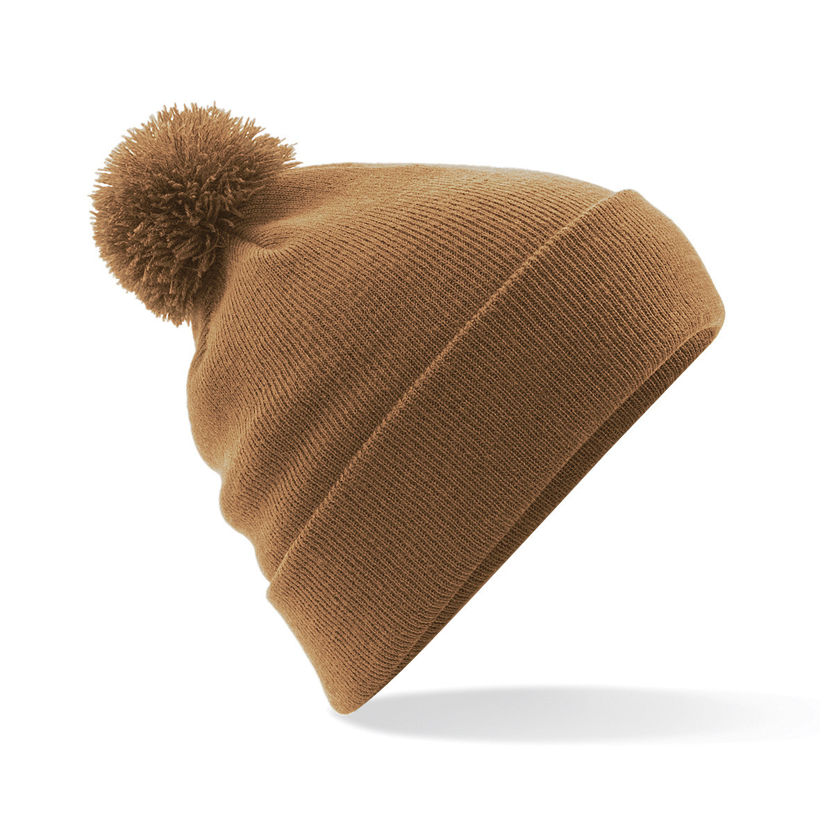 Berretto unisex caramello a maglia a costine con pon pon e risvolto