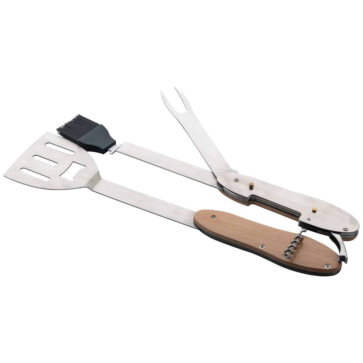 Multi attrezzo pieghevole per barbecue in acciaio con manico in legno