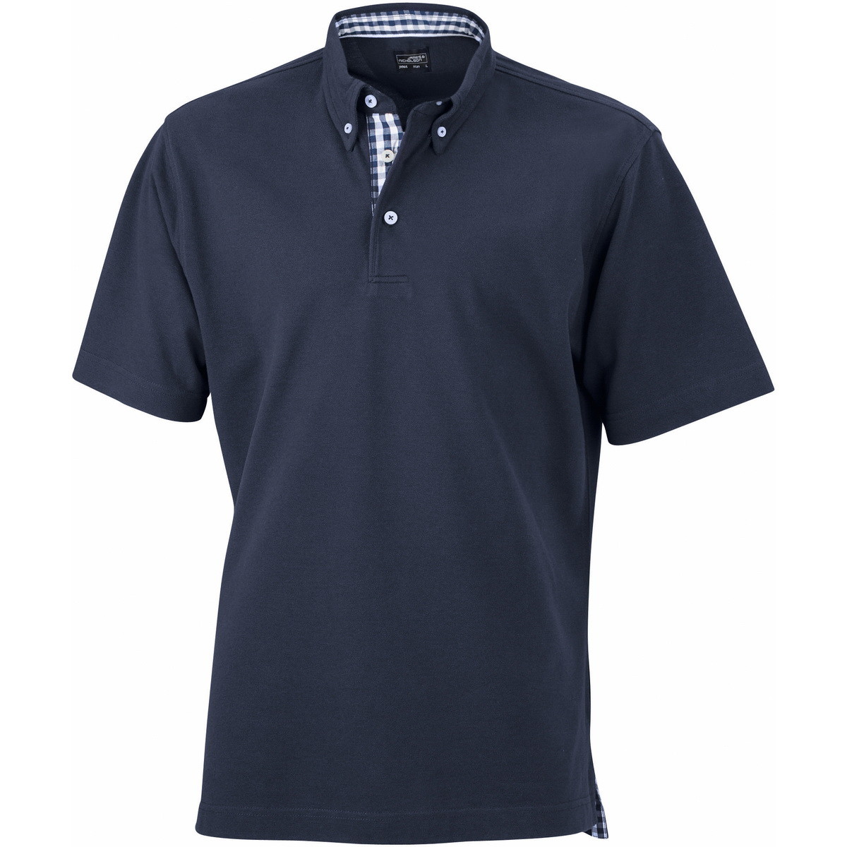 Polo blu unisex manica corta con parte interna collo e spacchetti fettuccia a quadretti bianco blu