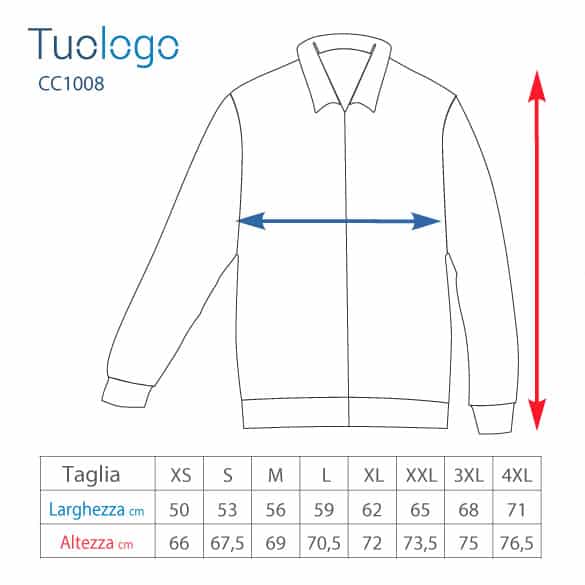 Schema delle misure delle taglie dei pile con zip centrale
