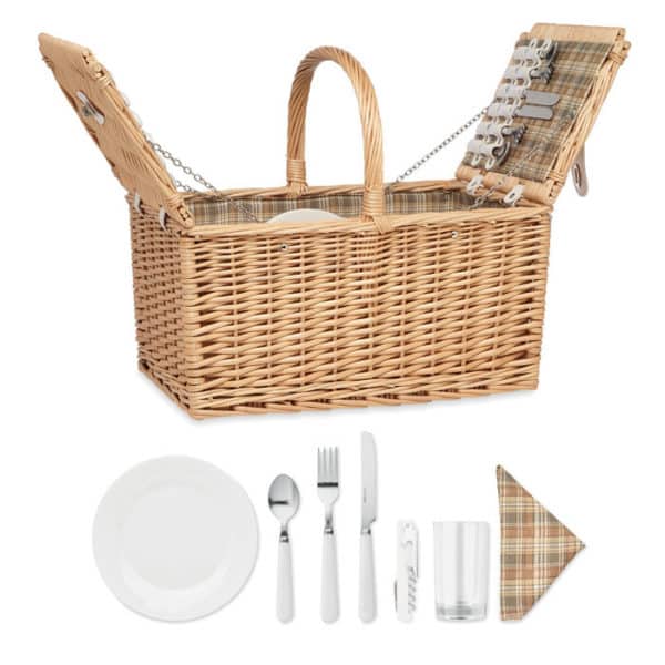 Cesto picnic in vimini con set di posate in acciaio inox piatti e bicchieri