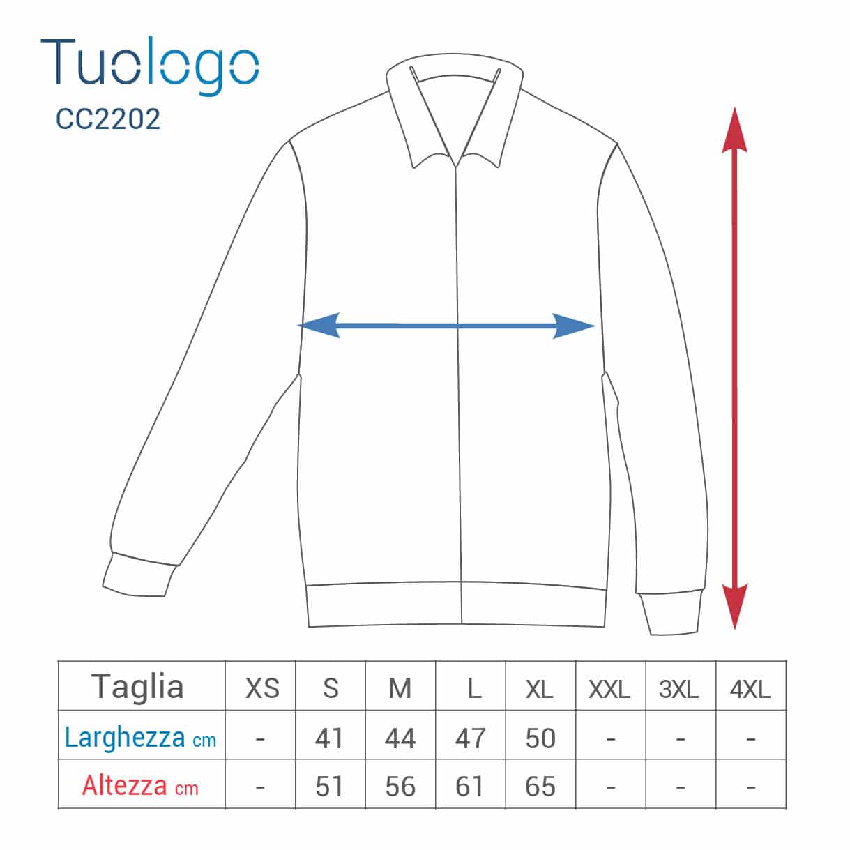 Tabella larghezza e lunghezza taglie del pile bambino con zip lunga
