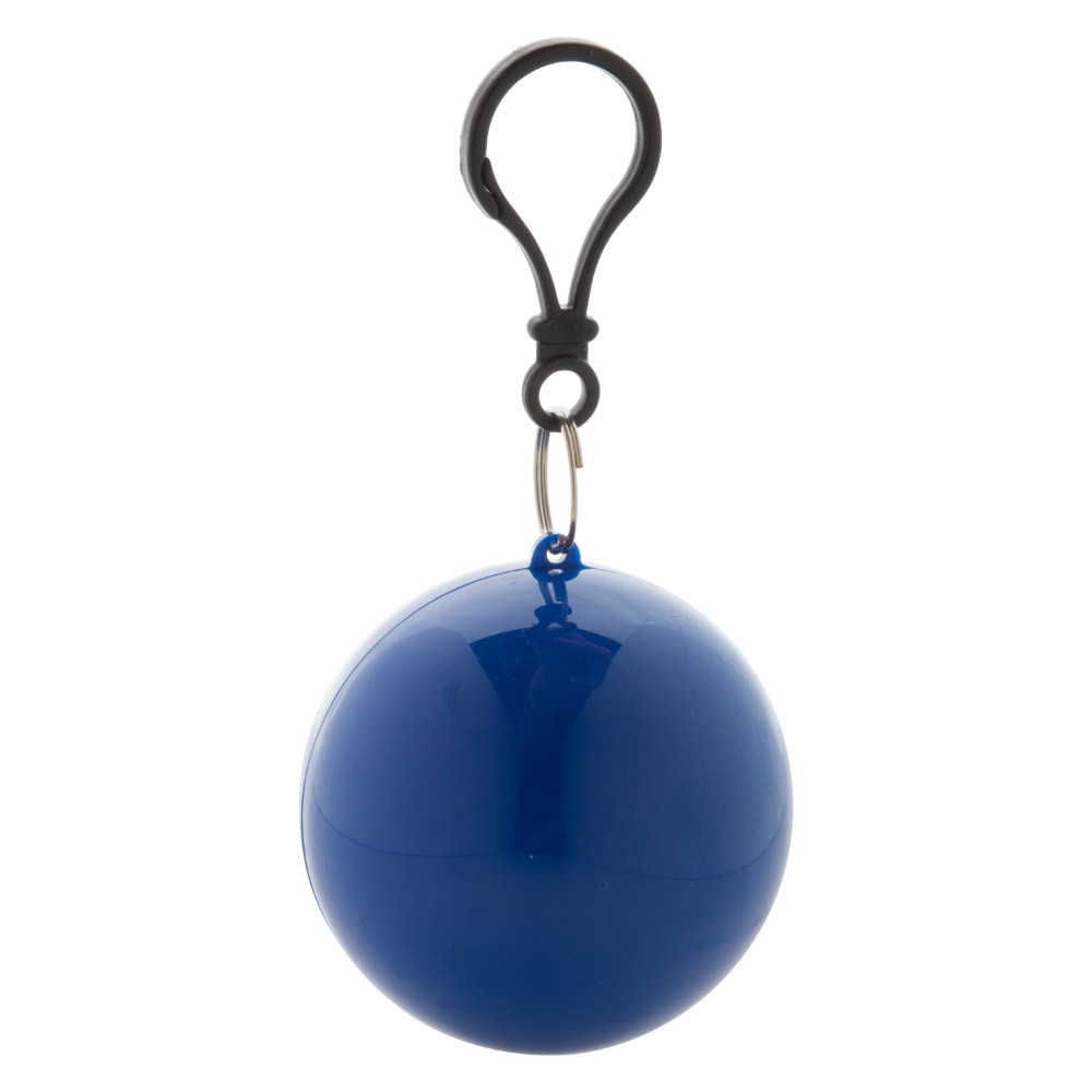 Impermeabile blu con portachiavi e moschettone ripiegato in pallina di plastica in tinta