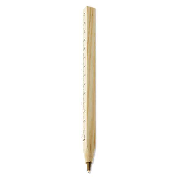 Penna a sfera in legno con righello da quattordici centimetri stampato su un lato