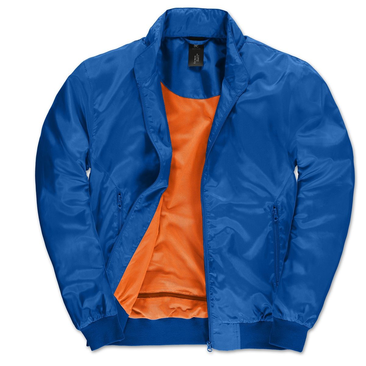 Giacca blu interno arancione traspirante con cappuccio e tasche con zip 100% poliestere