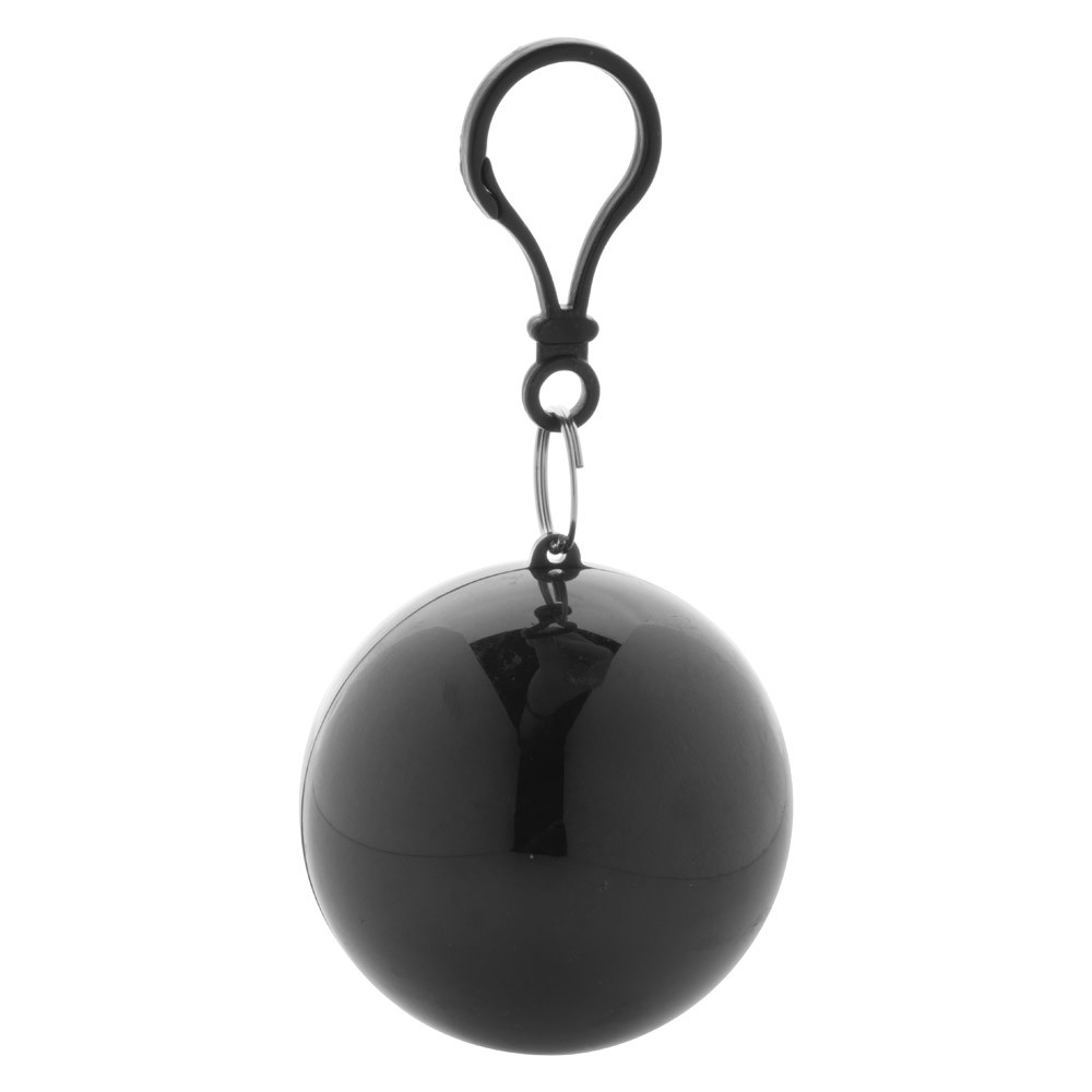 Impermeabile con portachiavi e moschettone ripiegato in pallina di plastica nera