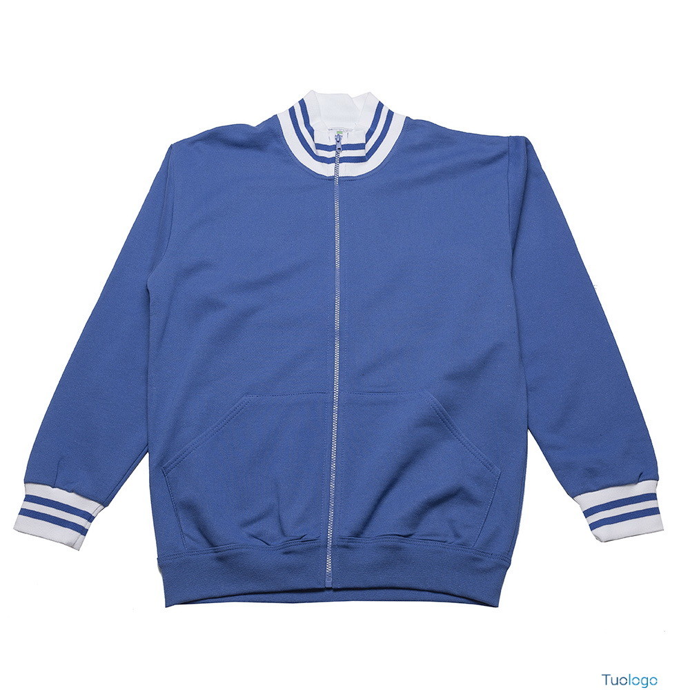 Felpa unisex blu a collo alto con zip inserti bianchi su collo e polsini e tasche a marsupio