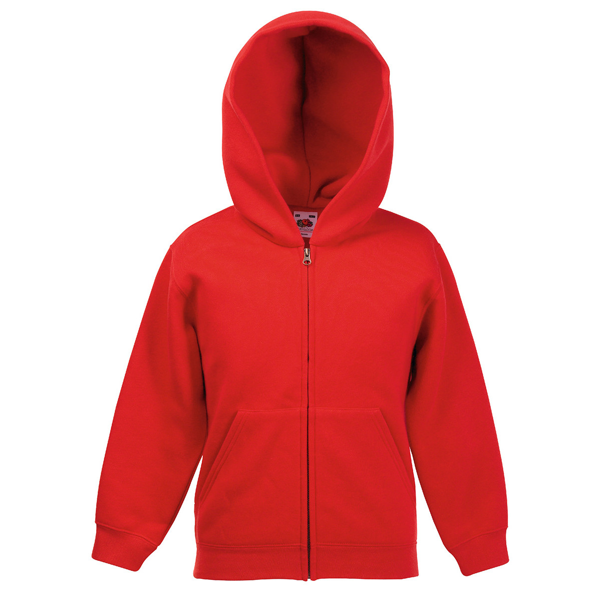 Felpa da bambino rossa con cappuccio, zip e tasche a marsupio