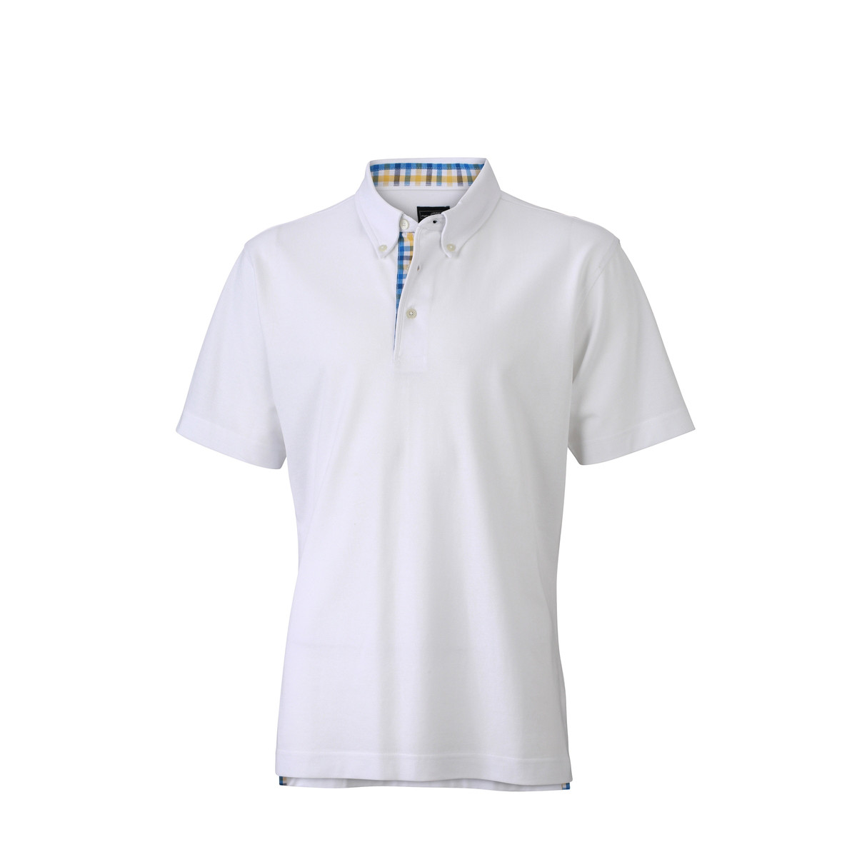 Polo bianco unisex manica corta con fettuccia nel collo e spacchetti a quadretti blu giallo bianco