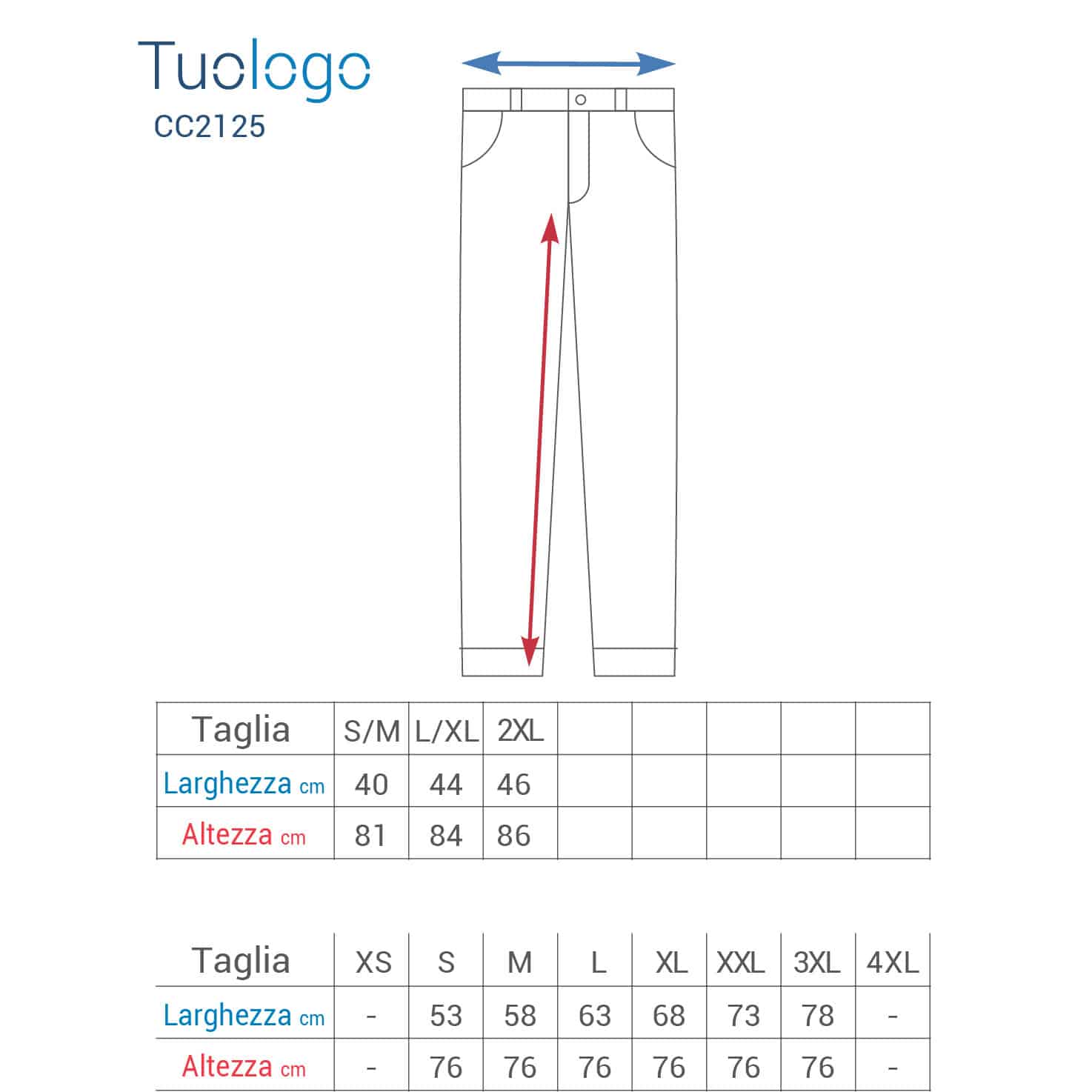 Tabella lunghezza e larghezza pantalone da lavoro nelle varie taglie