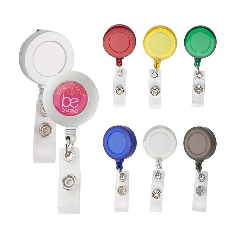 Portabadge in plastica bianca con chiusura a bottone con logo