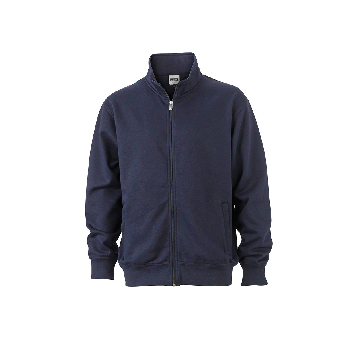 Felpa unisex blu navy collo alto con girovita e polsini in costina elastica su sfondo bianco