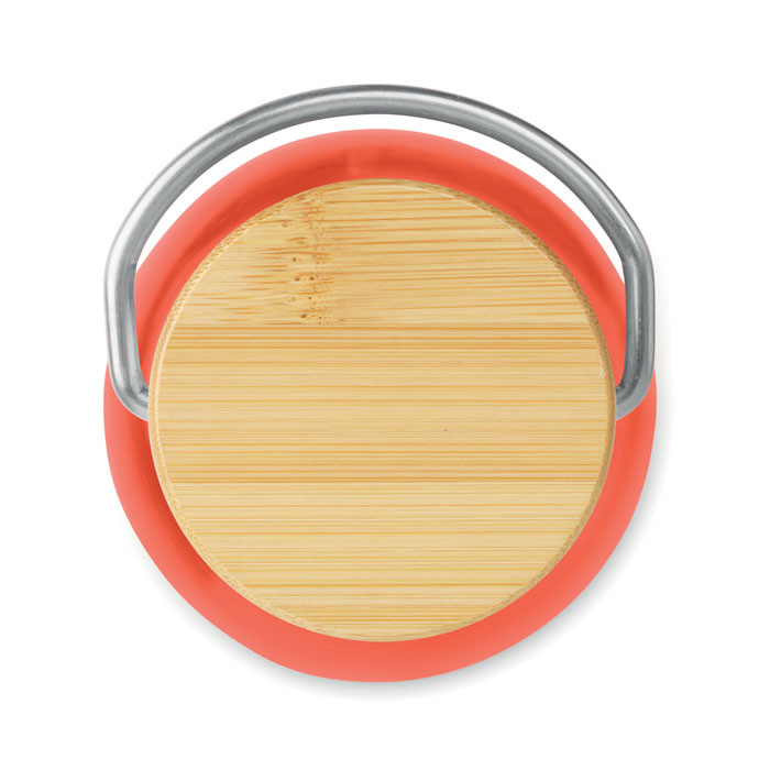 Borraccia in tritan rosso con tappo in acciaio inox e dettagli in bamboo