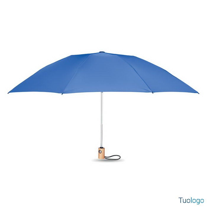 Ombrello aperto con manico in bamboo e telaio azzurro