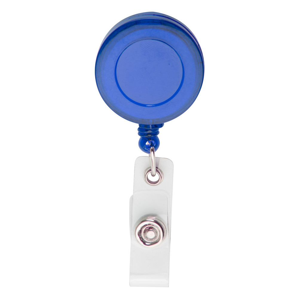 Portabadge in plastica blu con chiusura a bottone con logo
