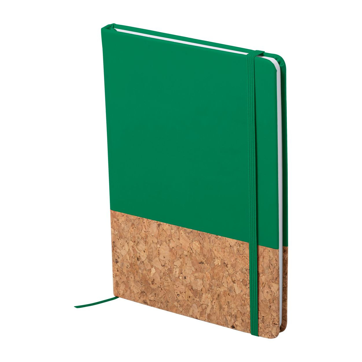 Bloc notes con copertina in pelle verde con elastico in tinta e parte inferiore rivestita in sughero
