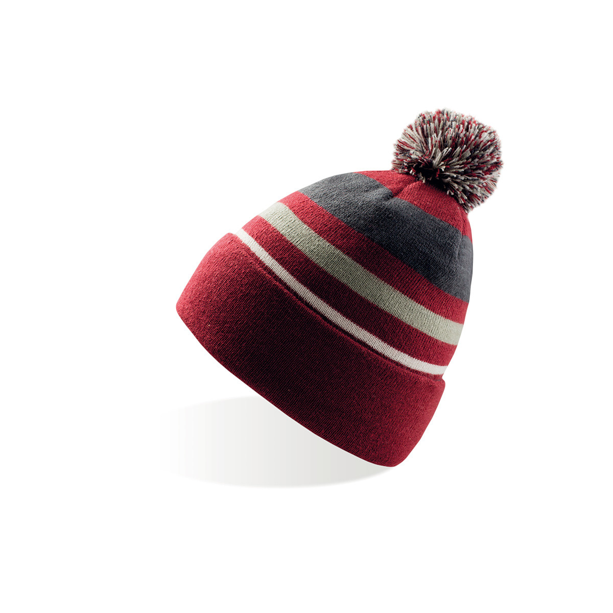 Berretto con pon pon fantasia a righe bordeaux e blu navy