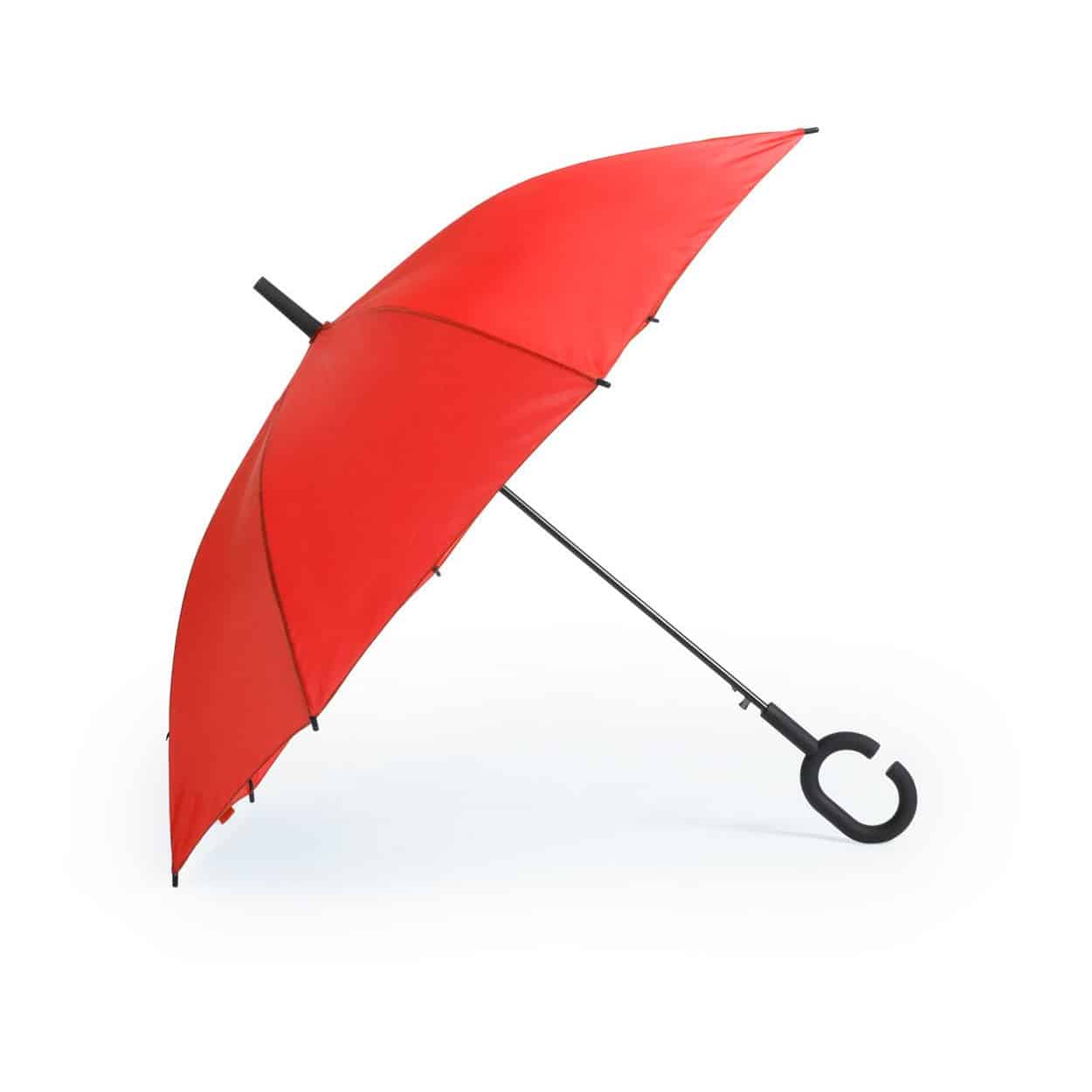 Ombrello rosso in poliestere con stecche in fibra di vetro e impugnatura gommata
