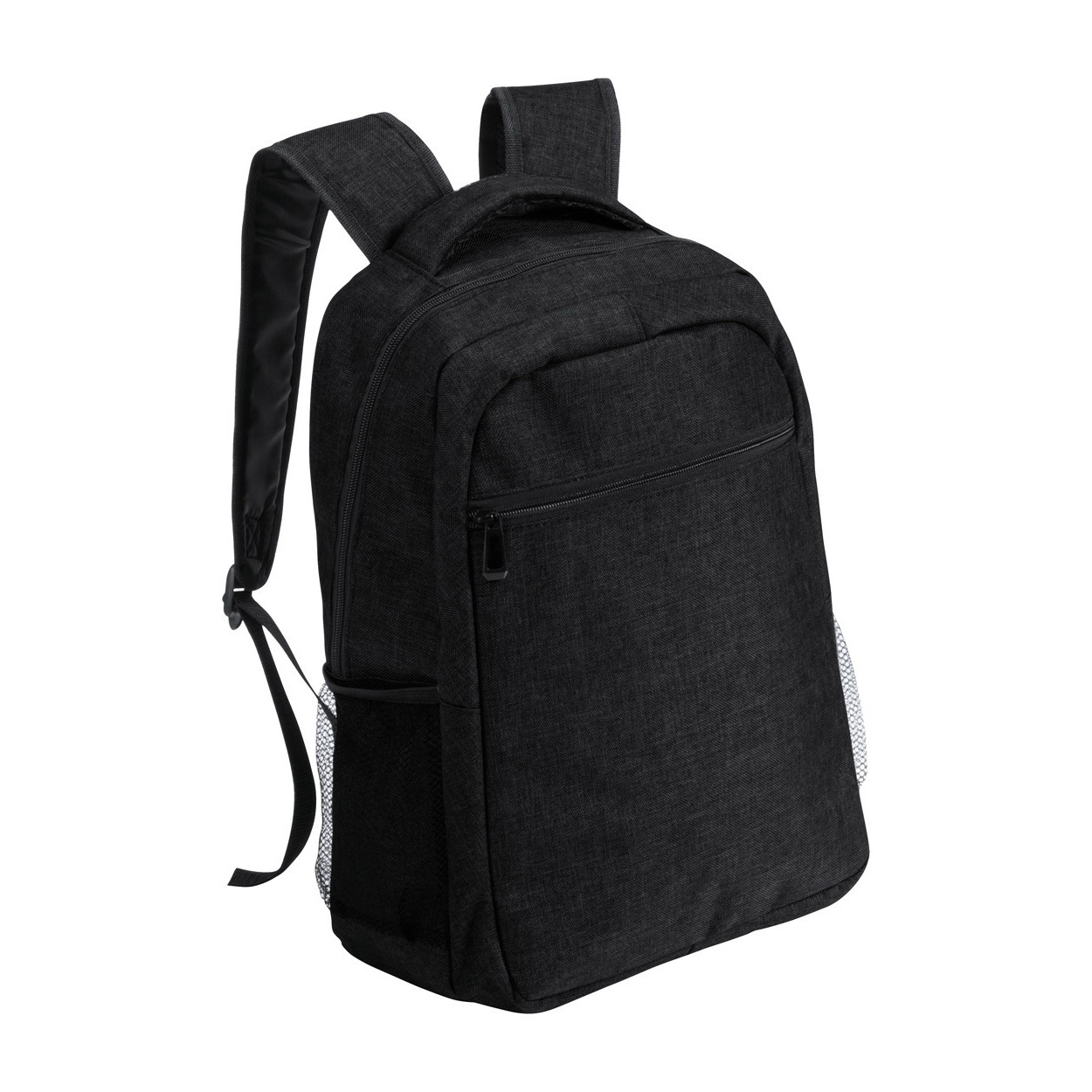 Zaino porta computer nero in poliestere con schienale imbottito e tasche laterali in rete