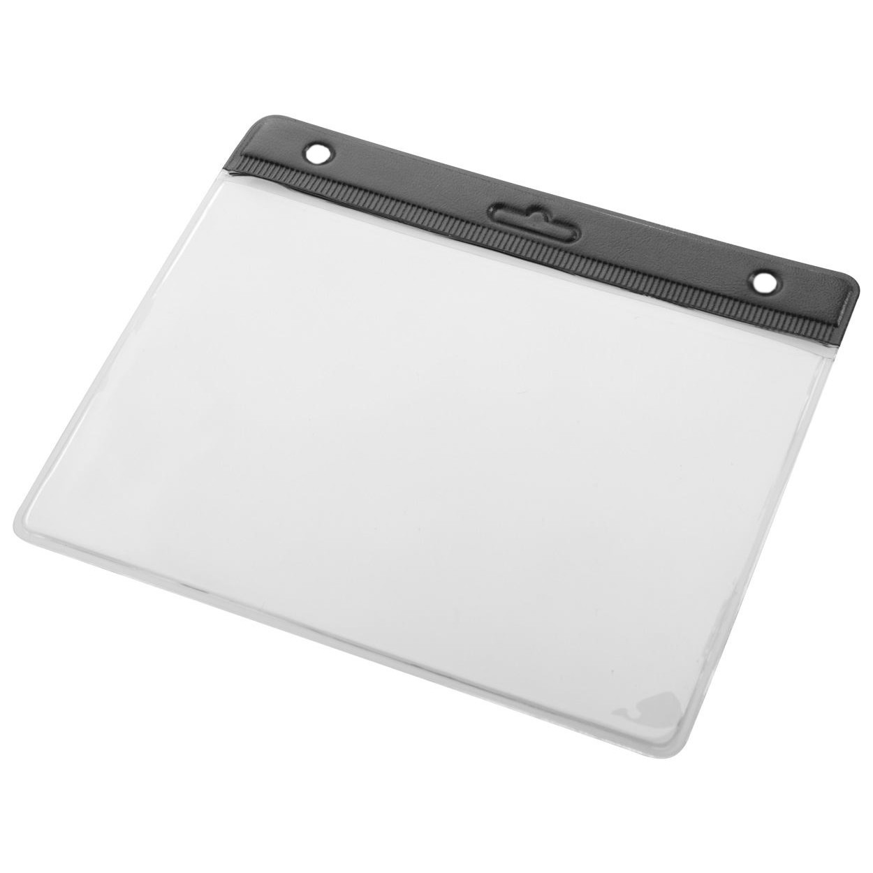 Portabadge orizzontale in plastica trasparente con striscia nera