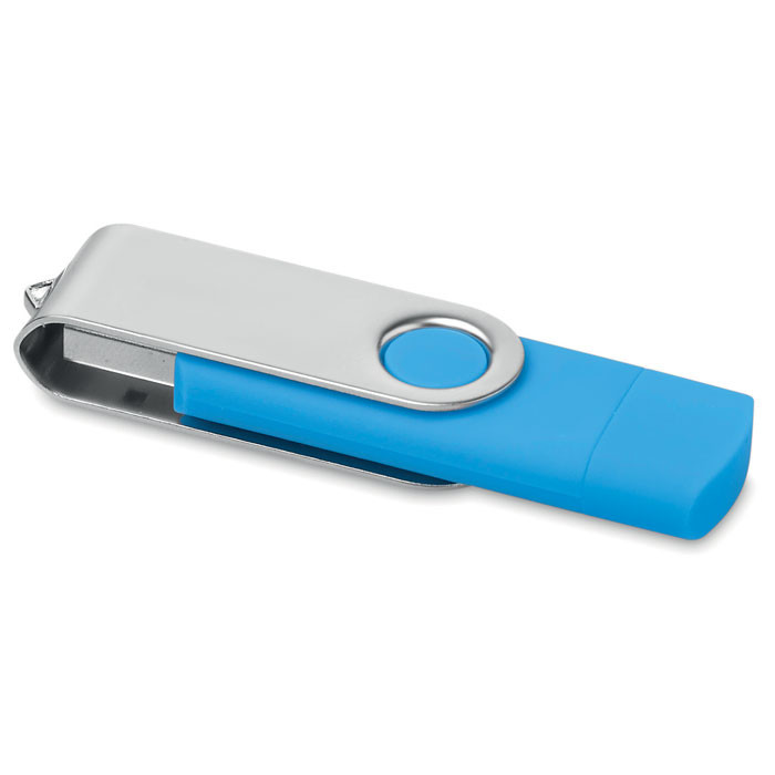 Chiavetta usb e micro usb azzurra con chiusura protettiva in metallo