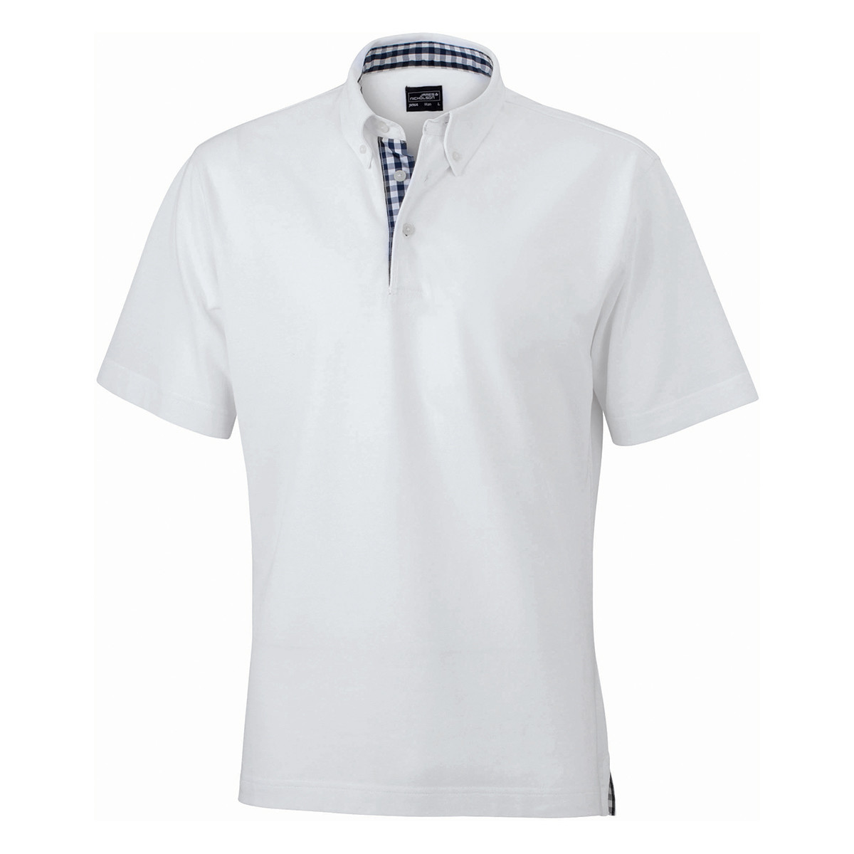 Polo bianco unisex manica corta con fettuccia nel collo e spacchetti a quadretti blu bianco