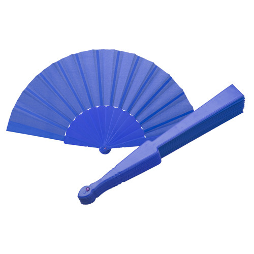 Ventaglio in tessuto blu con bastoncino di plastica