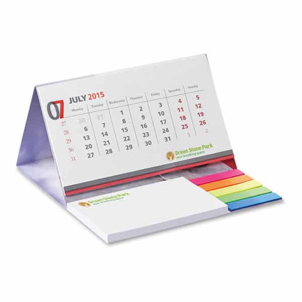 Calendario da scrivania personalizzato con blocchetto fogli e segnapagina colorati