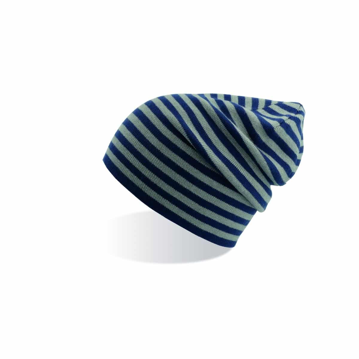 Berretto bimbo a righe blu navy e grigio su sfondo bianco