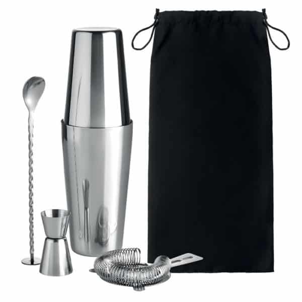 Set cocktail con misurino, shaker, filtro e pouch in cotone