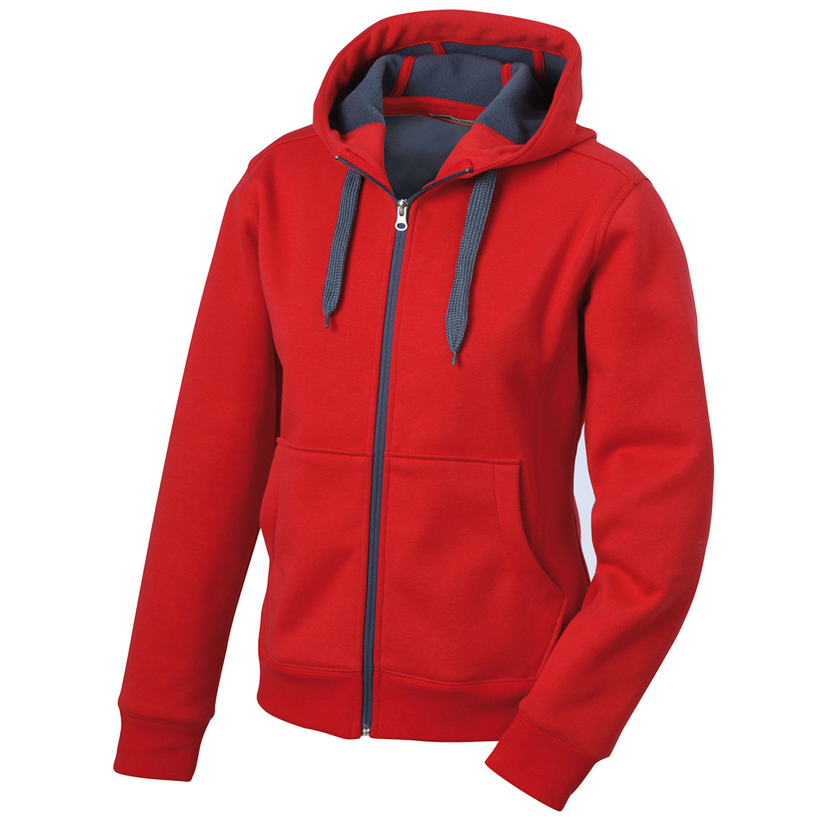 Felpa rossa con interno nero con cappuccio, zip, cordino e tasche a marsupio