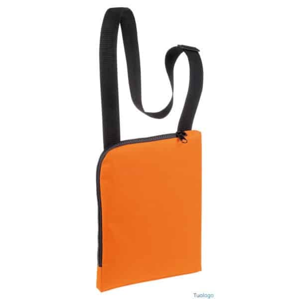 Borsa portadocumenti con lunga tracolla arancio con grossa zip nera su 2 lati