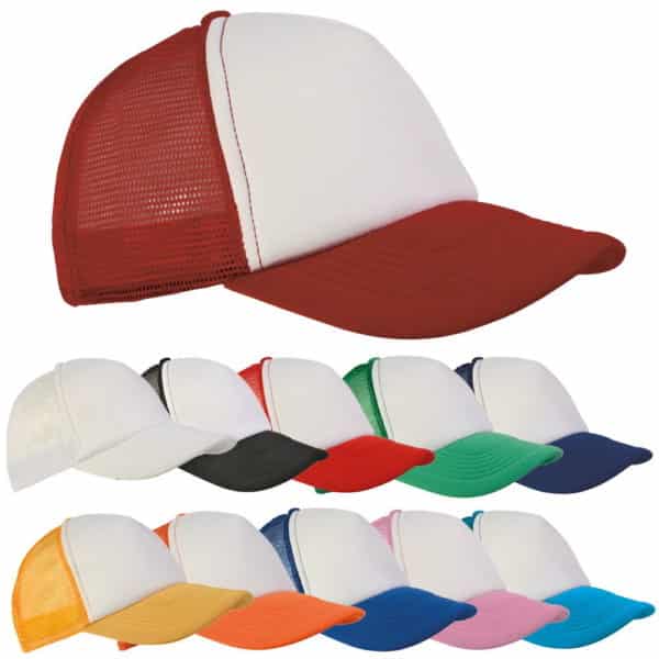 Cappellini in poliestere con pannello frontale bianco e con retro in rete e visiera di colori diversi