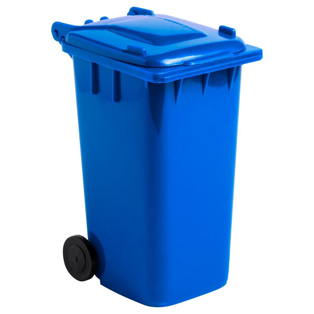 Portapenne blu in plastica a forma di pattumiera