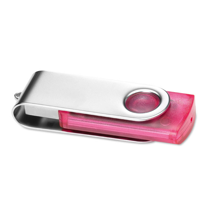 Chiavetta usb rosa in plastica trasparente e copertura rotante in metallo