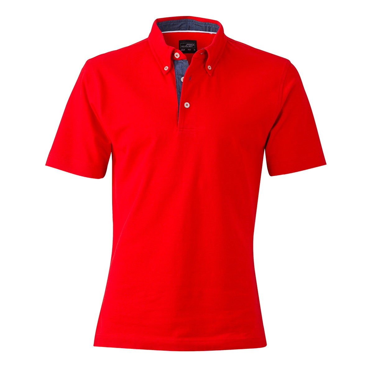 Polo rossa unisex manica corta con fettuccia nel collo e spacchetti contrasto denim