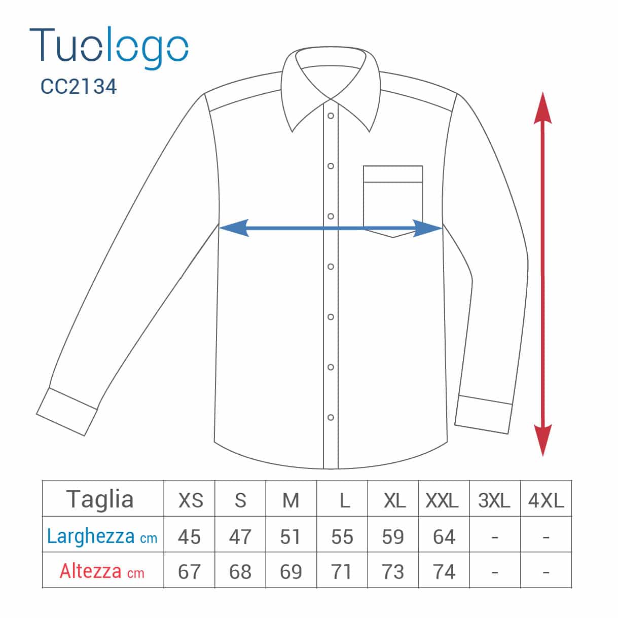 Tabella larghezza e lunghezza delle varie taglie della camicia donna