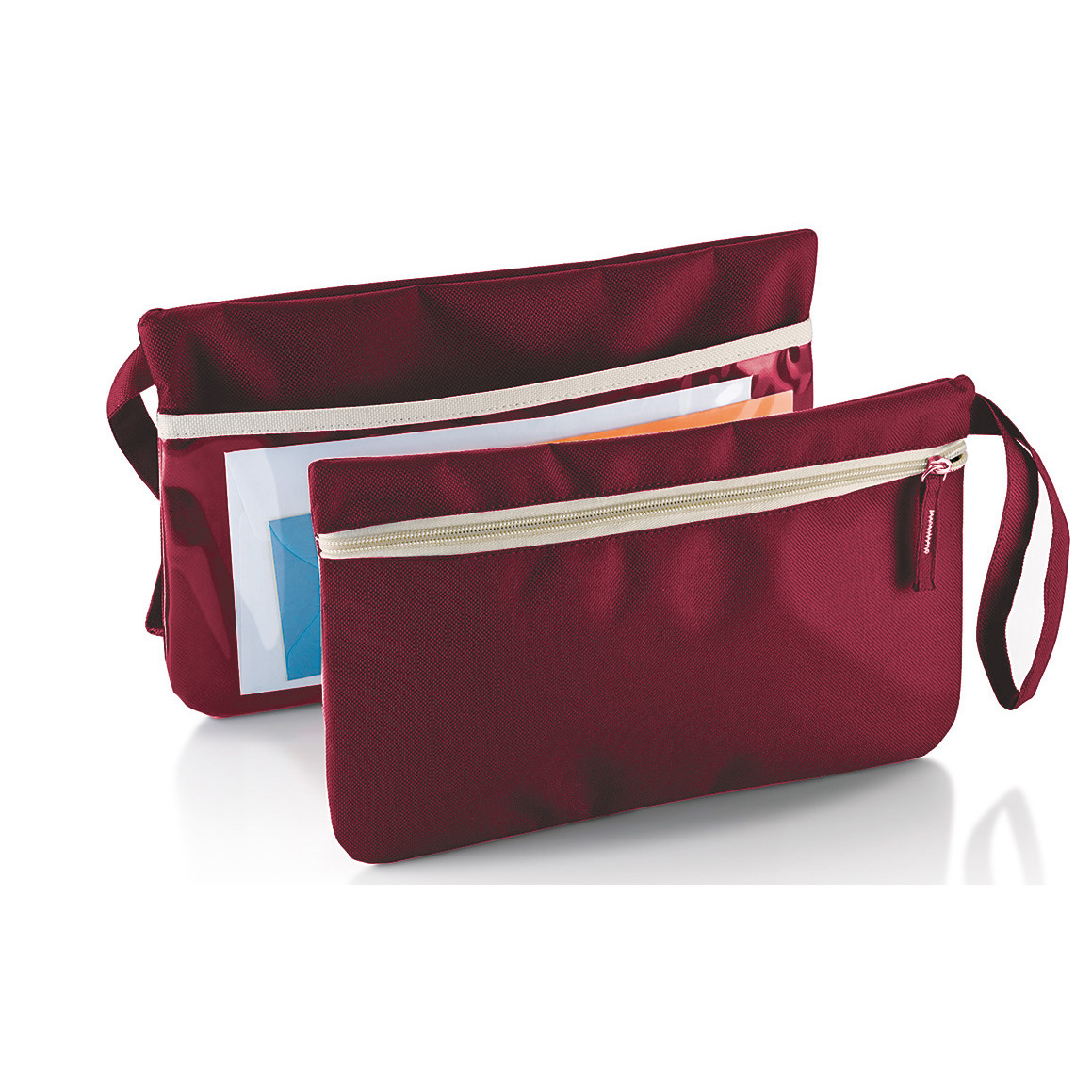 Porta documenti rosso con tasca posteriore trasparente e zip