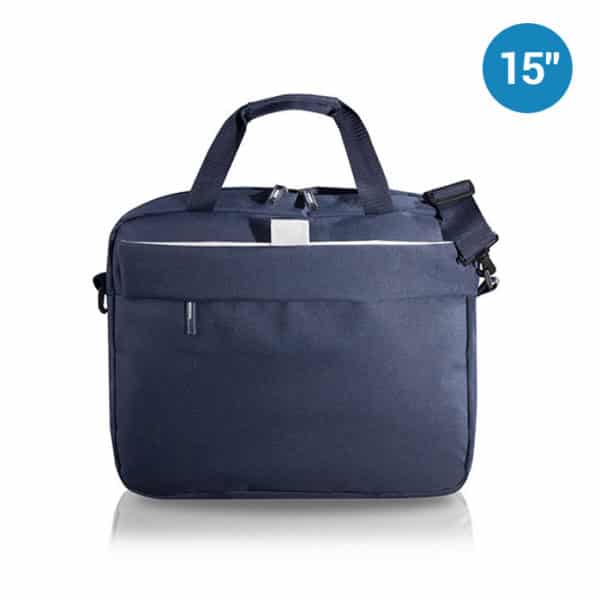 Borsa porta computer blu con maniglie imbottite, tracolla regolabile e tasche frontali con zip