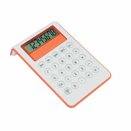 Calcolatrice bianca e arancione con corpo curvo in plastica