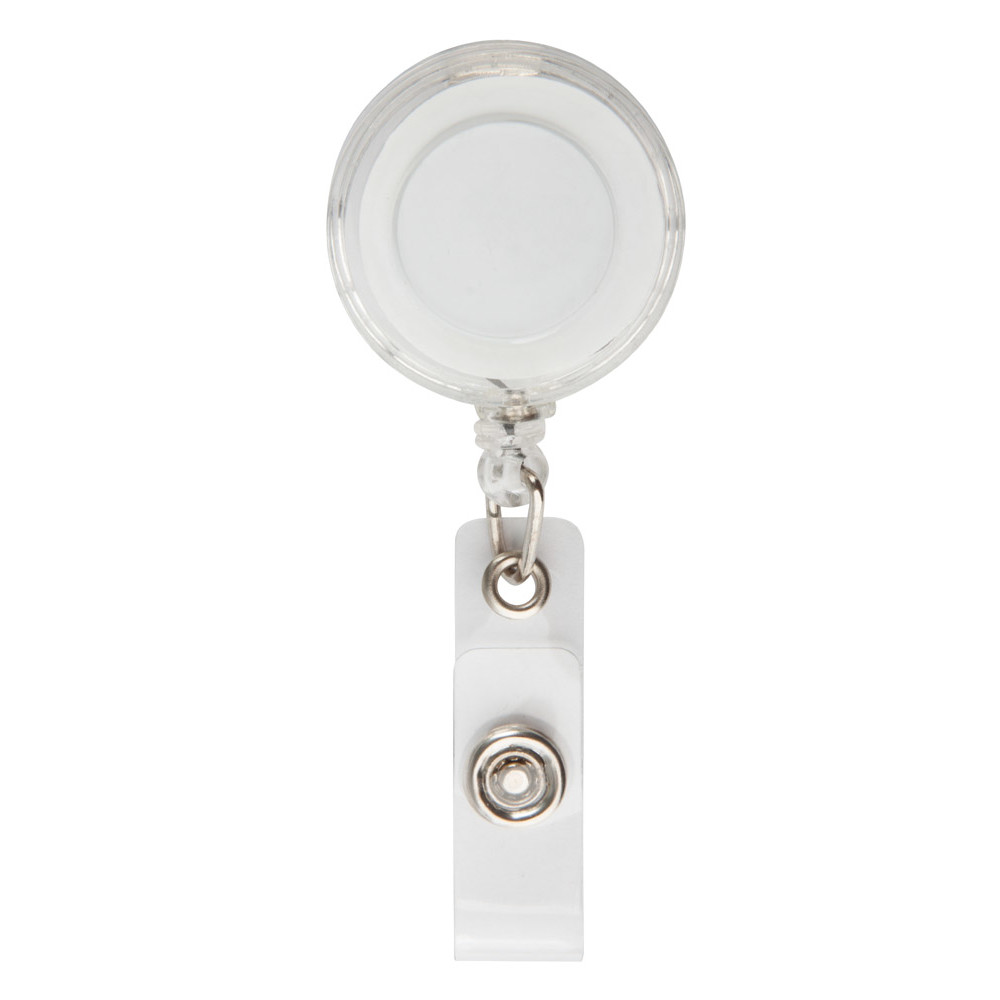 Portabadge in plastica bianca con chiusura a bottone con logo