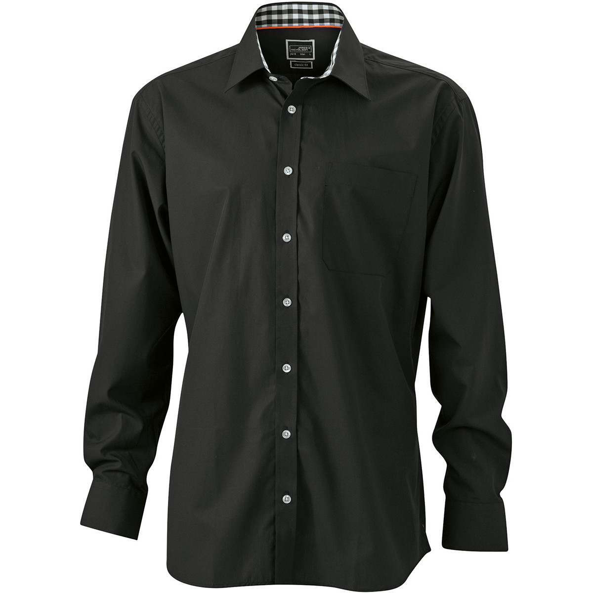 Camicia da uomo nera con bottoni bianchi, dettagli collo quadretti bianco nero