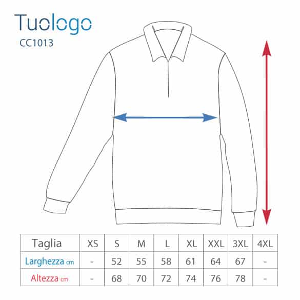 Schema delle misure delle taglie delle felpe con zip al collo