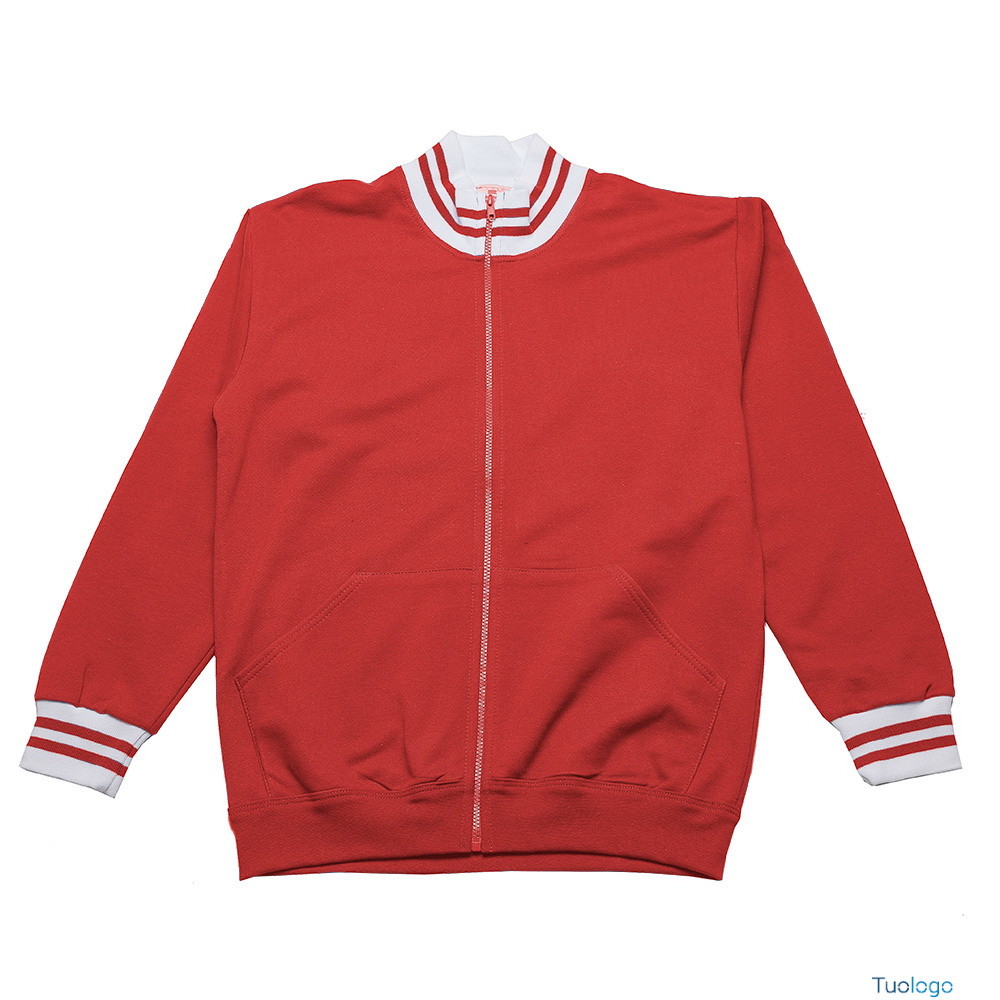 Felpa unisex rossa a collo alto con zip inserti bianchi su collo e polsini e tasche a marsupio