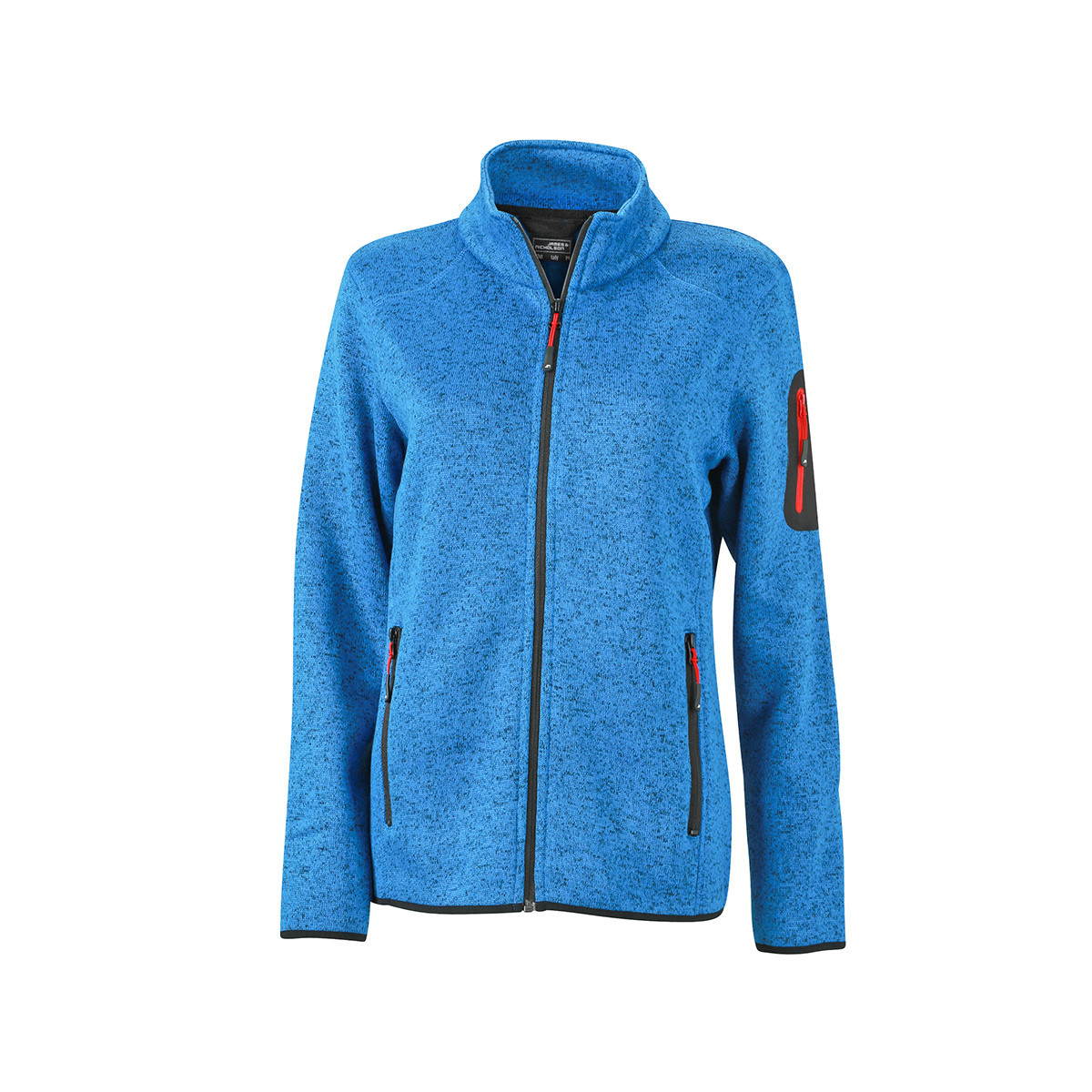 Pile da donna con zip melange blu royal rosso, tasca su manica e tasche laterali contrasto